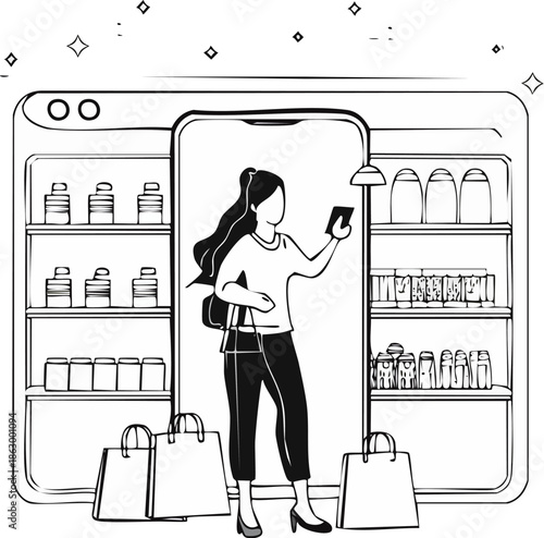 Black and White Outline of Woman Shopping Online with Smartphone and Shopping Bags on Isolated White Background