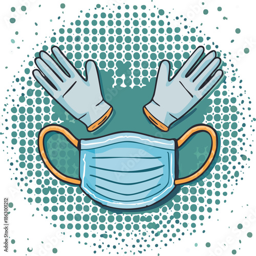 Blue Medical Face Mask and Protective Gloves, Essential Healthcare Equipment on Halftone Teal Background