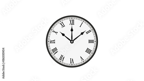 Classic round wall clock with Roman numerals on a clean white background, indicating time with hour and minute hands.
