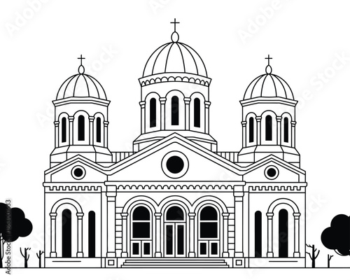 Religious architectural design of a large, ornate Orthodox church with multiple domes