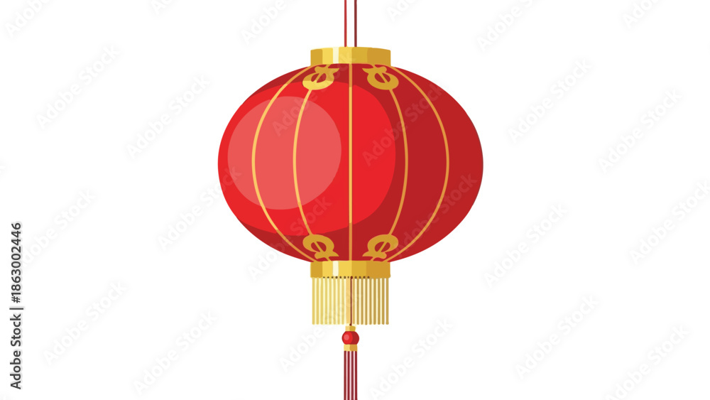 Obraz premium Illustration of a vibrant red Chinese lantern with golden accents hanging against a clean white background, symbolizing the Lunar New Year or Chinese New Year celebration.