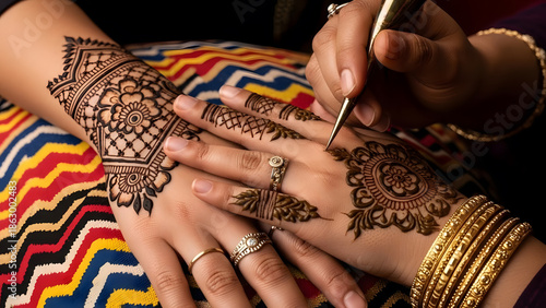 Intricate Henna Tattoo Application on Hand