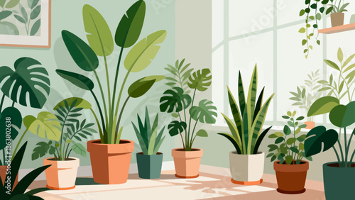 Indoor plants in pots by window