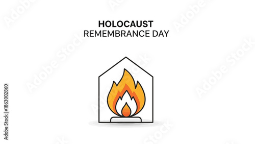 Holocaust Remembrance Day illustration with a symbolic flame inside a house outline on a white background.