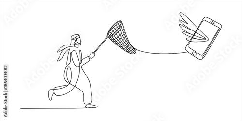 Arabian man chasing a flying smartphone with a butterfly net Vector, illustration