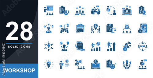 Workshop Solid Icon set. Containing Workshop, Activity, Experience, Devices, Coaching, Online Workshop