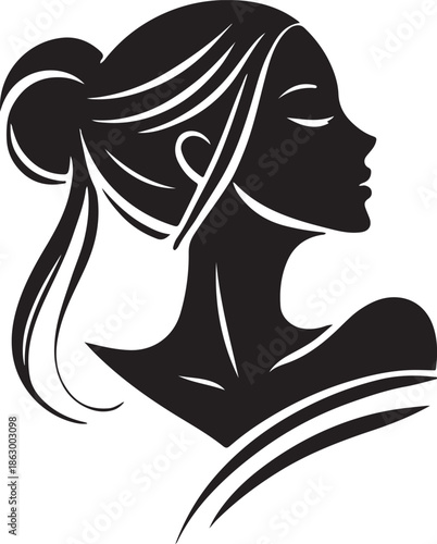 A glamour fashion illustration of a beautiful lady with long black hair and elegant lips in a minimalist vector art style silhouette