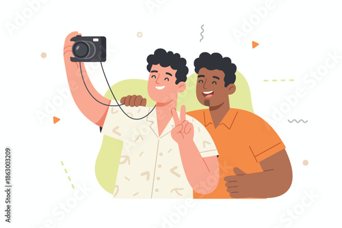 Two Happy Male Friends Taking a Selfie Together on Smartphone