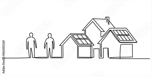 Two people standing in front of houses with solar panels Vector, illustration