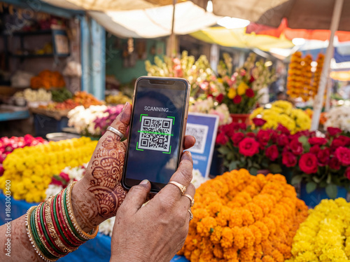 Indian woman making a digital UPI payment using a smartphone at a local flower market
