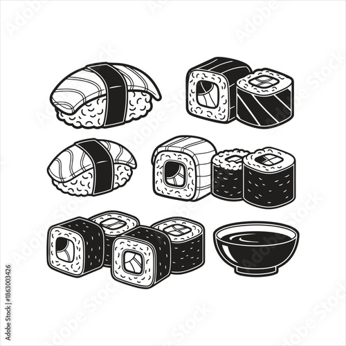 Assorted Sushi Pieces and Soy Sauce Bowl Collection.