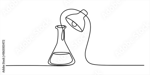 Continuous line drawing of a laboratory flask under a desk lamp Vector, illustration