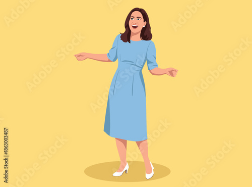 Happy and confident woman in light blue dress and white heels, standing on a yellow background. Full-body, smiling, vector illustration.