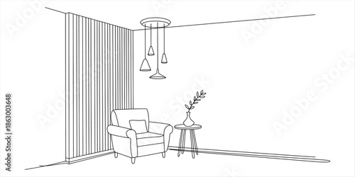 Minimalist interior sketch showing a comfortable armchair in a cozy reading nook corner Vector, illustration