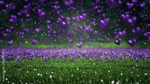 Purple hearts falling on green grass