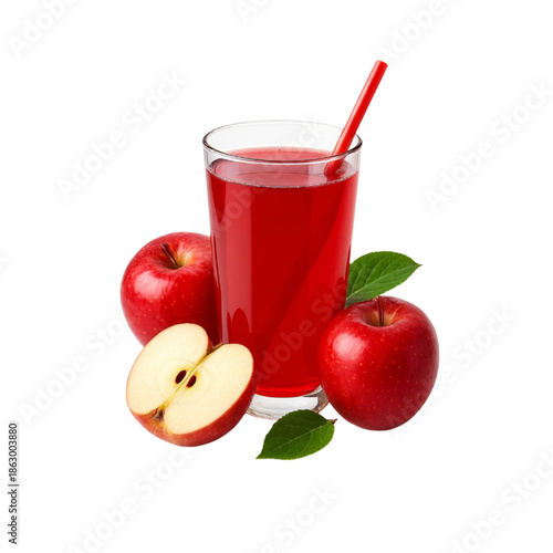 Glass of red apple juice with fresh red apples and slices