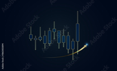 Tableau sur toile Neon blue candlesticks rise steadily, culminating in a glowing golden upward arr