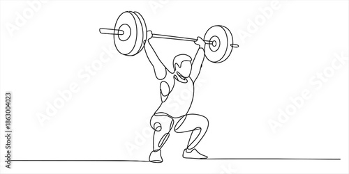 Single continuous line art drawing of a weightlifter performing an overhead squat or press Vector, illustration