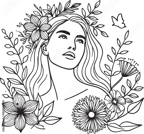 A glamour fashion illustration of a beautiful lady with long black hair and elegant lips in a minimalist vector art style silhouette