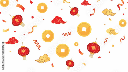 Vibrant illustration of Chinese New Year and Lunar New Year decorations with red and gold elements on a white background, conveying a festive mood with traditional symbols and colorful
