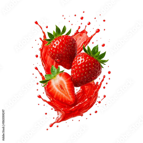 Fresh strawberries falling into red juice splash on white background