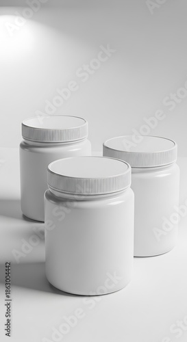 Three White Jars on a White Surface in a Studio Setting.