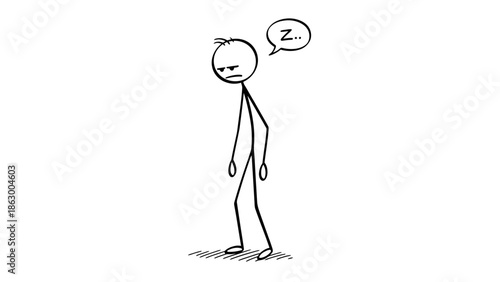Stickman Cartoon Character Sleeping While Standing with 'Z' Speech Bubble, Isolated White Background, Depicting Tiredness or Exhaustion.