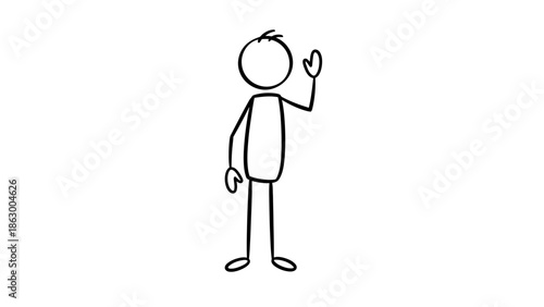 Stickman Cartoon Character Waving Hand in a Friendly Gesture, Isolated White Background, Depicting Greeting or Saying Goodbye.