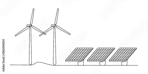 Continuous single line drawing illustrating renewable energy sources with wind turbines and solar panels Vector, illustration