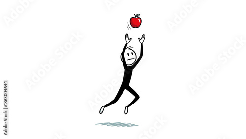 Stickman Cartoon Character Jumping Up to Catch a Red Apple, Isolated White Background, Depicting Playful Action and Effort.