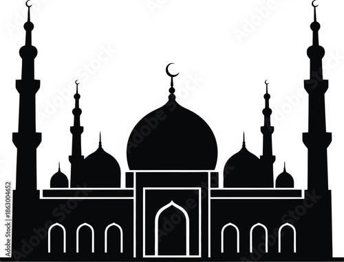Mosque Silhouette with Domes, Minarets, and Crescent Moons in Symmetrical Design
