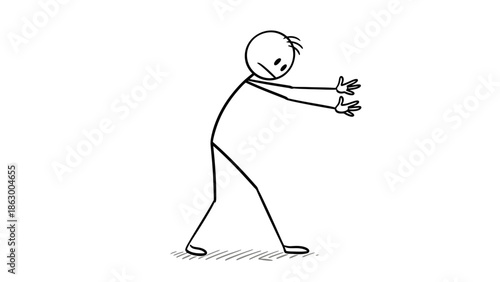 Stickman Cartoon Character Reaching Out with Both Hands, Isolated White Background, Yearning for Something or Trying to Grab.