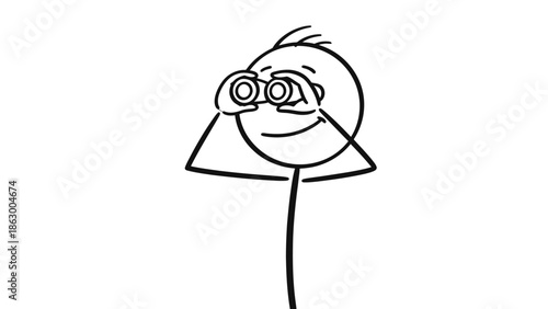 Stickman Cartoon Character Looking Through Binoculars, Isolated White Background, Depicting Observation and Search.