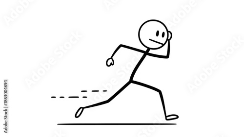 Stickman Cartoon Character Running Fast, Isolated White Background, Depicting Speed and Motion.