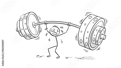 Exhausted Stick Figure Man Struggling Under Extremely Heavy Barbell Weight, Crying on Isolated White Background