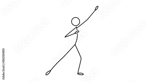 Flexible Stick Figure Man Stretching and Reaching Up with Arm Extended on Isolated White Background