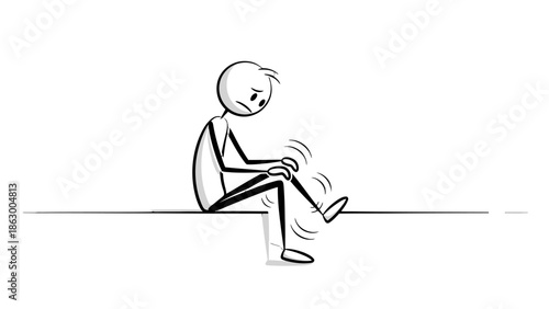 Sad Stick Figure Man Holding Injured Knee in Pain While Sitting on Isolated White Background