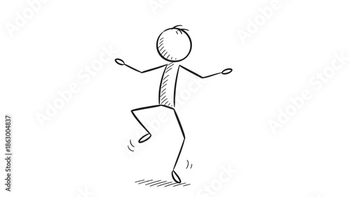 Energetic Stick Figure Man Dancing and Balancing on One Leg on Isolated White Background