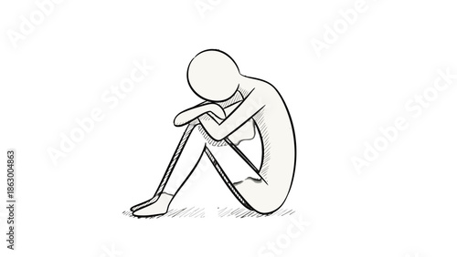 Sad Stick Figure Sitting Huddled with a Depressed and Worried Expression on Isolated White Background