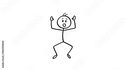 Excited Stick Figure Jumping with Hands Raised in a Surprised and Joyful Expression on Isolated White Background