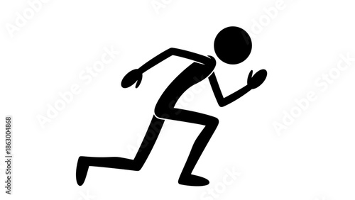 Energetic Solid Black Stick Figure Running and Sprinting with Determination on Isolated White Background