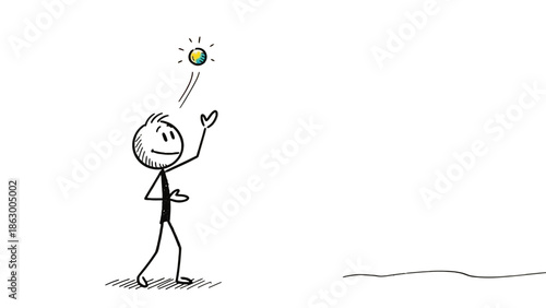 Happy stick figure playing playfully, throwing a small earth globe into the air in an isolated white background, representing environmental fun.