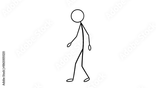 Calm stick figure walking casually and strolling forward in an isolated white background, depicting everyday movement.