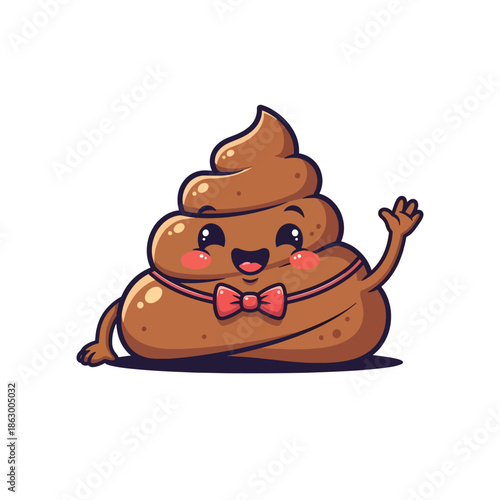 A cartoon character made of feces wearing a bow tie and waving happily