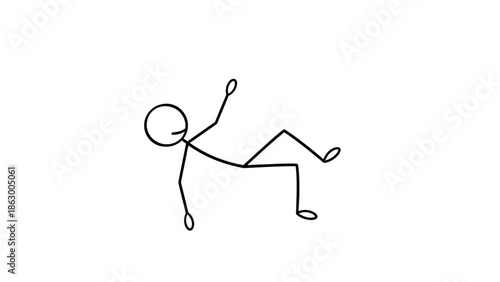 Exhausted stick figure falling to the ground, lying defeated in an isolated white background, representing fatigue or collapse.