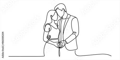 Continuous single line art drawing of a romantic couple in a loving embrace on white background Vector, illustration