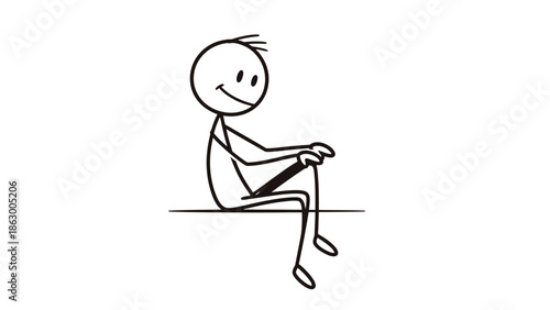 Happy stick figure sitting relaxed on an edge, looking down in an isolated white background, portraying calm and contentment.