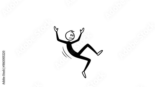 Surprised stick figure falling backward and losing balance in an isolated white background, depicting clumsiness or an accident.