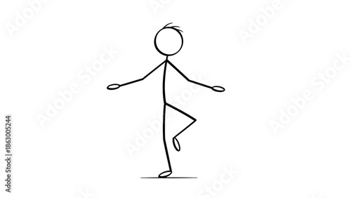 Focused stick figure balancing calmly on one leg with outstretched arms in an isolated white background, showing stability and concentration.