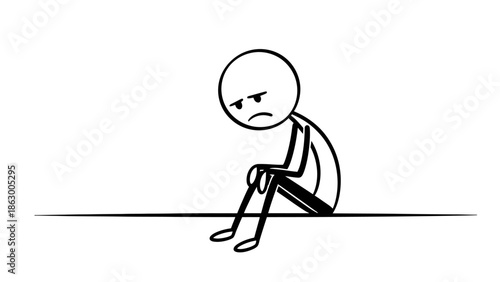Sad stick figure sitting slumped on the floor in an isolated white background, feeling depressed and lonely.